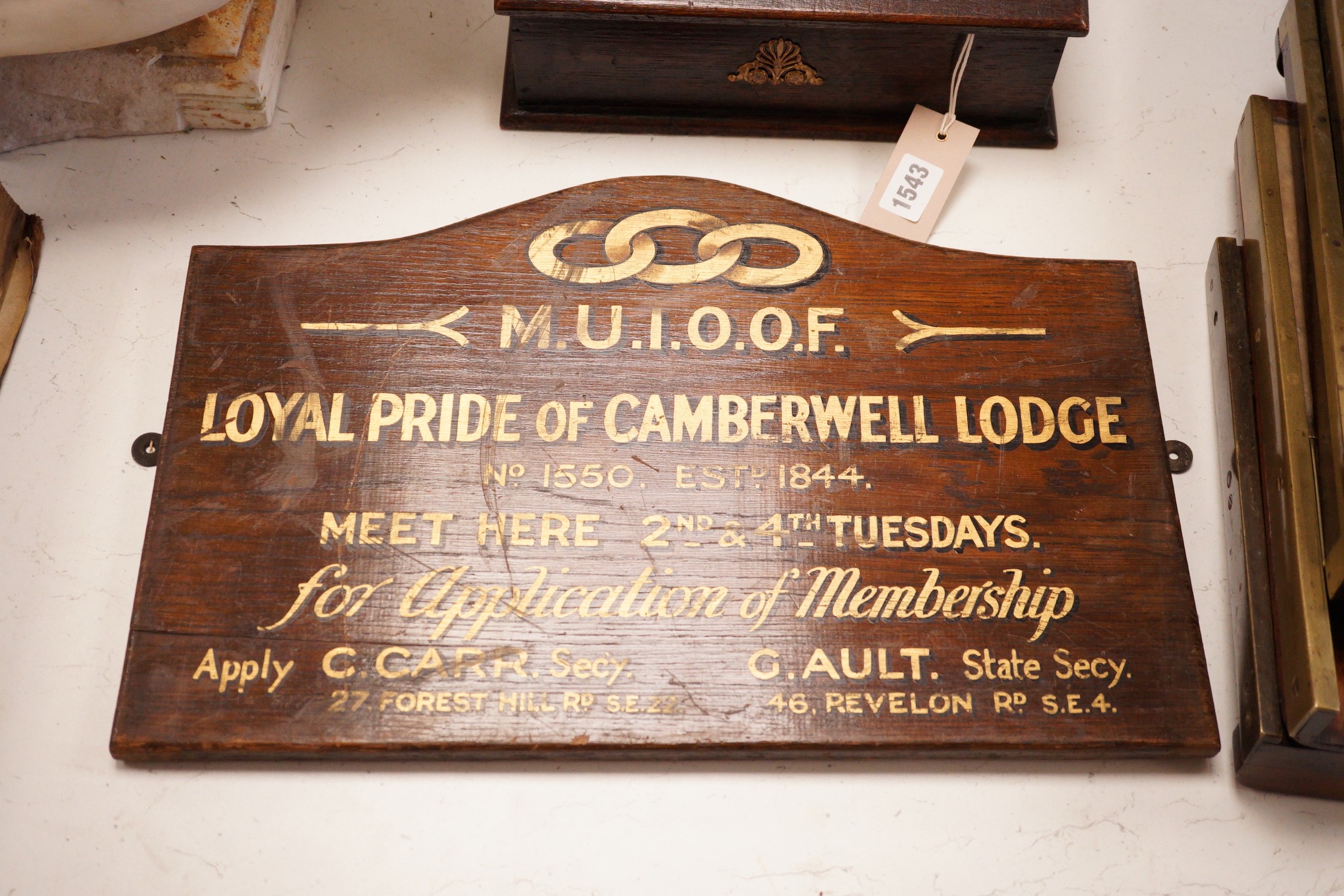 A Rowfold Grange oak box with personalised Desert Rats interest and a Manchester Unity Odd Fellows sign